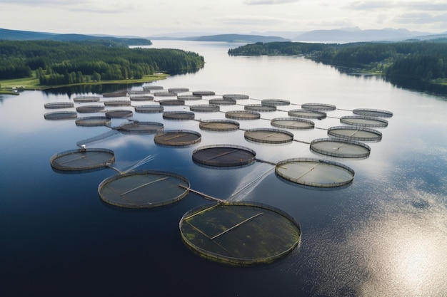 Aerial view of fish farm with enclosures in lake