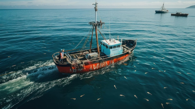 Aerial view of a fishing boat in the turquoise sea