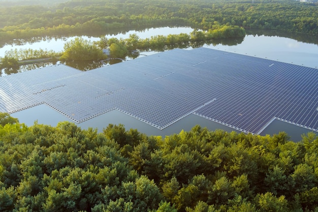 Aerial view of floating solar panels platform system on the lake with environmentally friendly energy