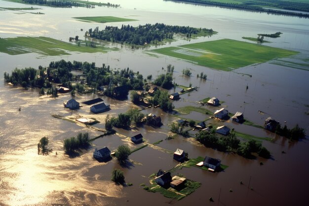 Aerial view of flood in city AI Generated