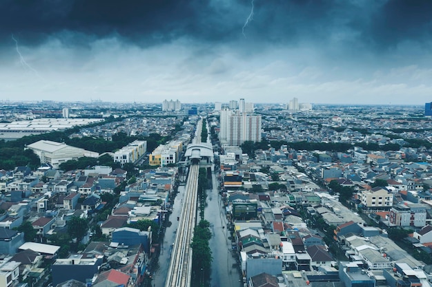 Aerial view of flood hit housing at stormy day