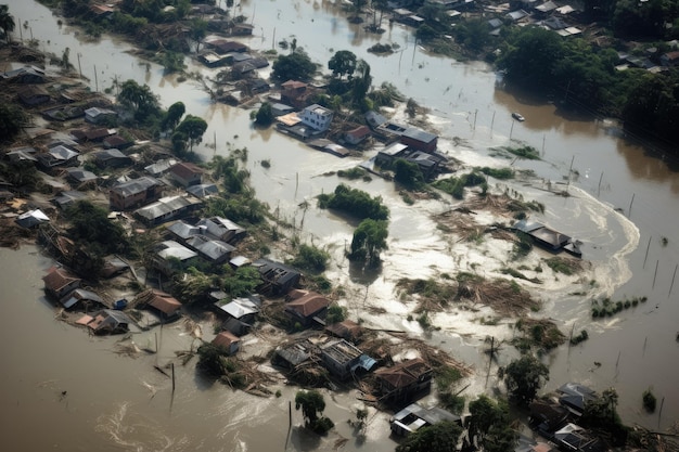 Aerial view of a flooded area in the Mekong Delta Vietnam Aerial POV view Depiction of flooding devastation wrought after massive natural disasters AI Generated