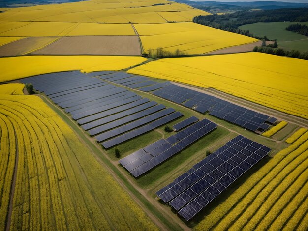 Aerial view of flowering rapeseed fields and solar panels