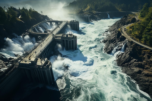 水力発電所を流れる水の空撮