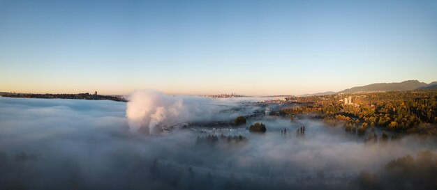 Aerial view above the fog