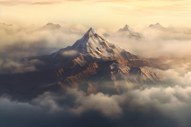 日の出の朝の霧の山の谷の空撮