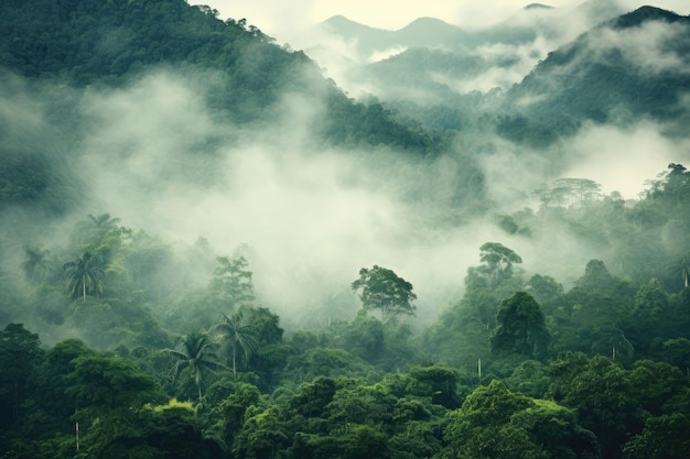 Aerial view of foggy rainforest