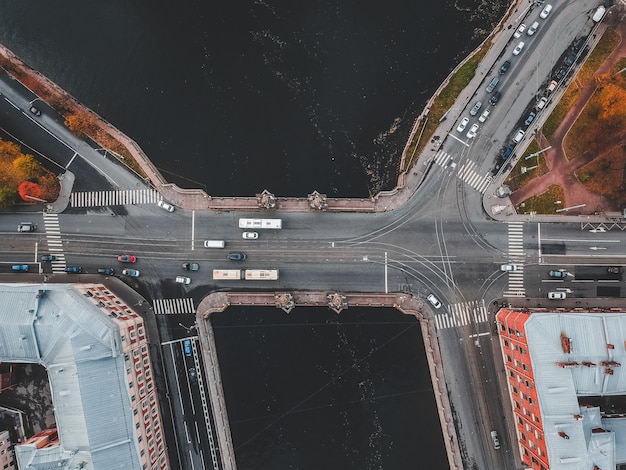 Aerial view of the Fontanka river bridge, road traffic, Flatley. St. Petersburg, Russia.