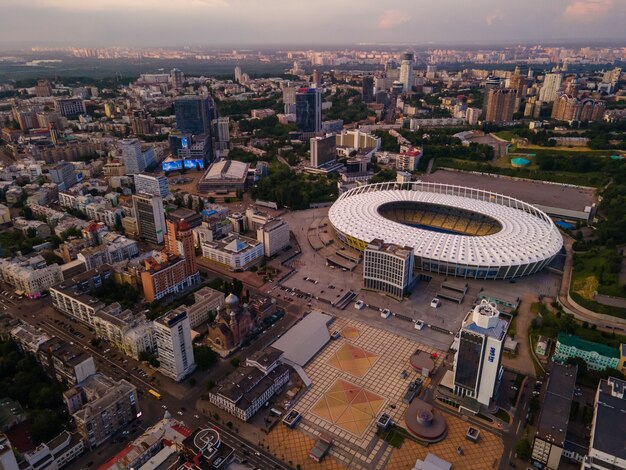 Aerial view of the football stadium in the city in Europe