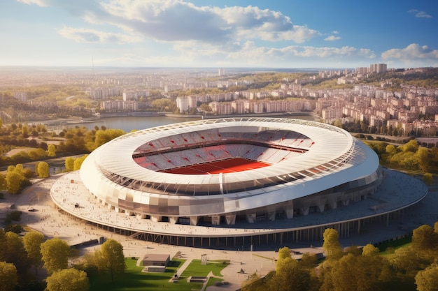 Aerial view of a football stadium with seats and a pitch surrounded by trees and urban landscape