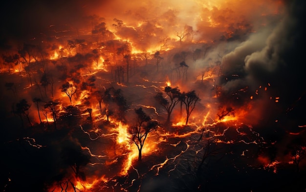 Aerial view of a forest on fire AI