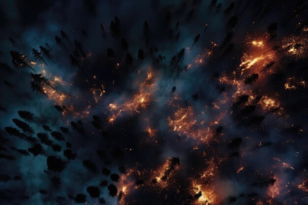 Aerial View Of Forest Fire Burning Pine Trees At Night