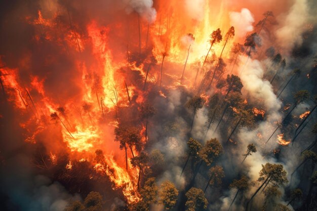 森の真ん中で起きた山火事の空撮