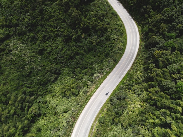 山の緑の木々の道に車で空中写真の森の自然、上からの平面図の道路曲線、山を通るバードアイビューの道緑の森の美しい新鮮な環境