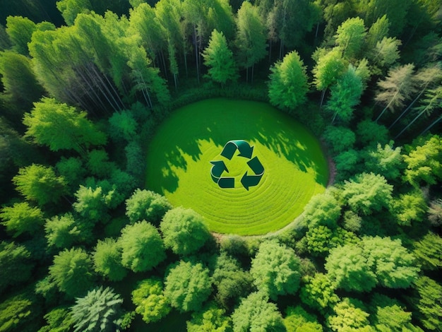Photo aerial view of a forest and nature with recycling symbol environmental care conservation and ecolo