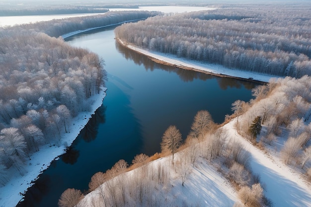 Aerial view of forest river in time of winter day