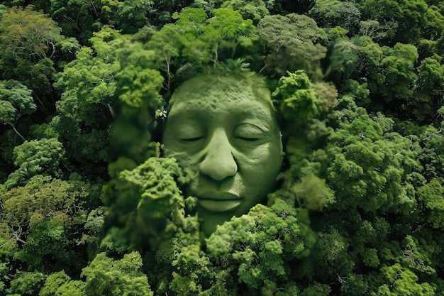 воздушный вид леса в форме человеческого лица спутниковый вид зеленая палитра леса Амазонки