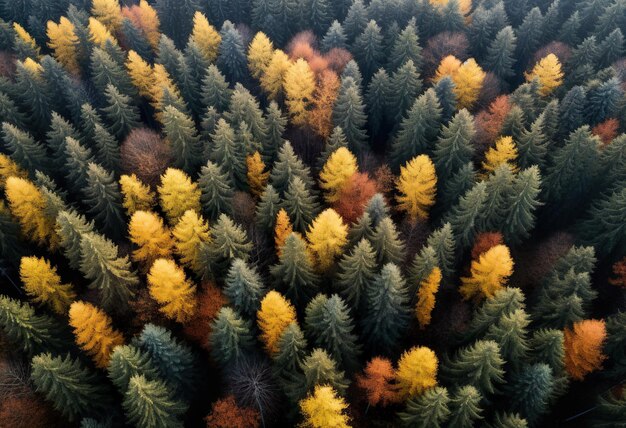 Aerial view of a forest with pine tree in autumn