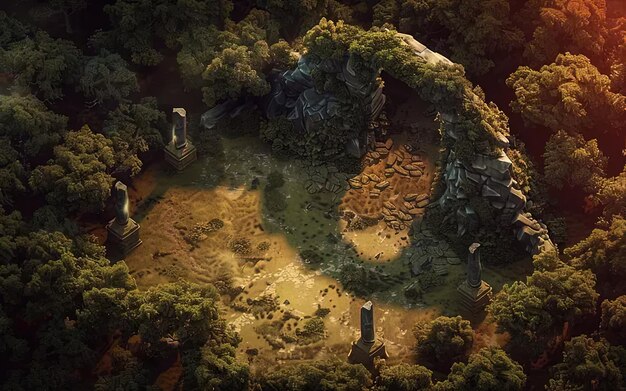 An aerial view of a forest with rocks and trees