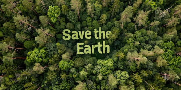 Photo an aerial view of a forest with save the earth message spelled out in trees