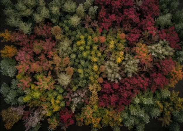 An aerial view of a forest with trees in the foreground.