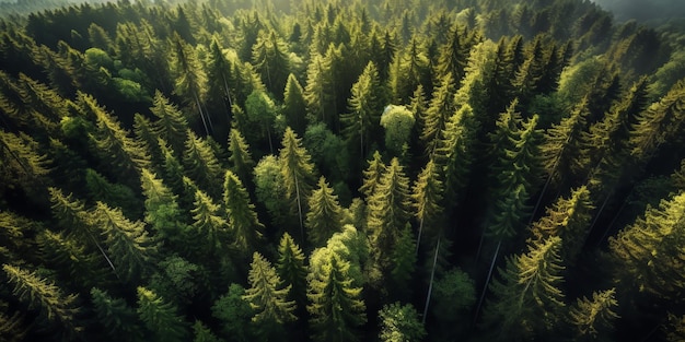 Aerial view of a forest with trees and the sun shining on it