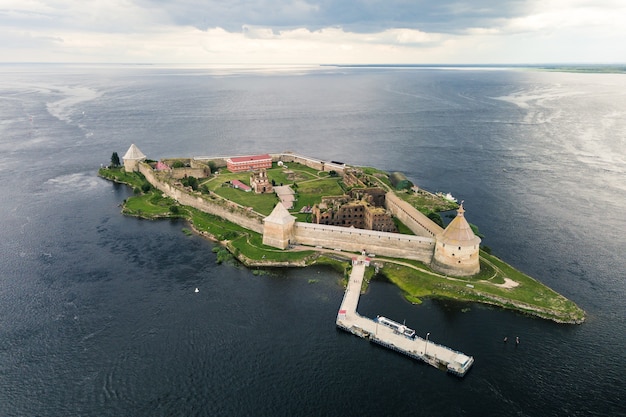 Aerial view on fortress Oreshek near Shlisselburg. It is an object of UNESCO world heritage