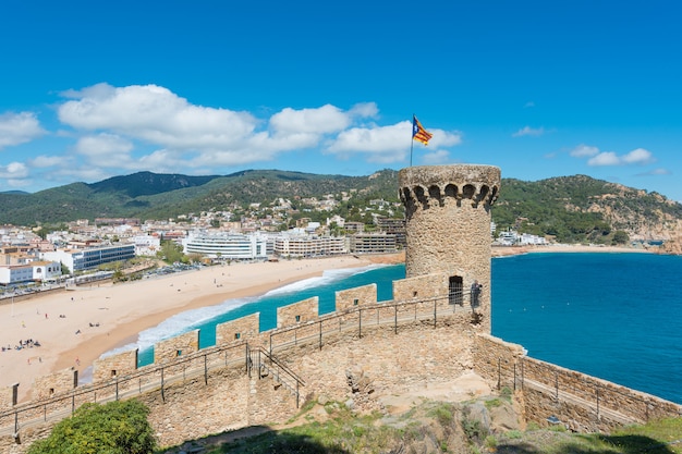 Aerial view of Fortress Vila Vella and Badia de Tossa bay at summer in Tossa de Mar on Costa Brava, Catalonia, Spain