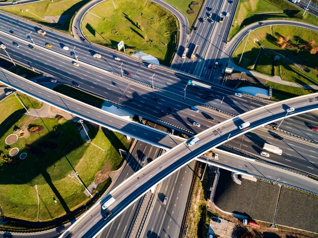 Aerial view of a freeway intersection traffic trails in Moscow.