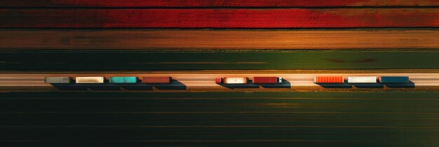 Photo aerial view of freight train speeding through fields