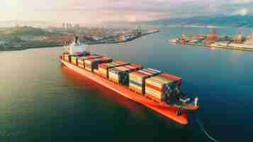 Photo aerial view of freight transportation by container ship in open sea logistic importexport cargo