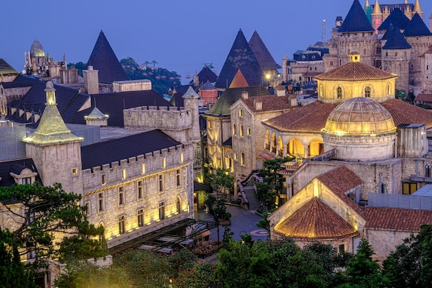 Aerial view of French village castles at night from the top of the Ba Na Hills Vietnam