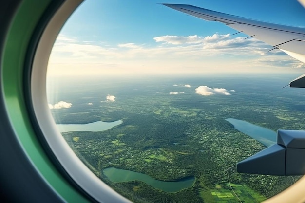 Aerial view from airplane window above green ground and river during landing airplane window view