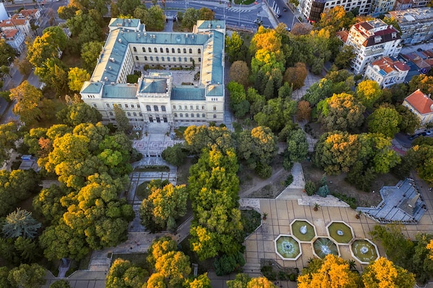 Aerial view from drone of the building of the archeological museum varna bulgaria