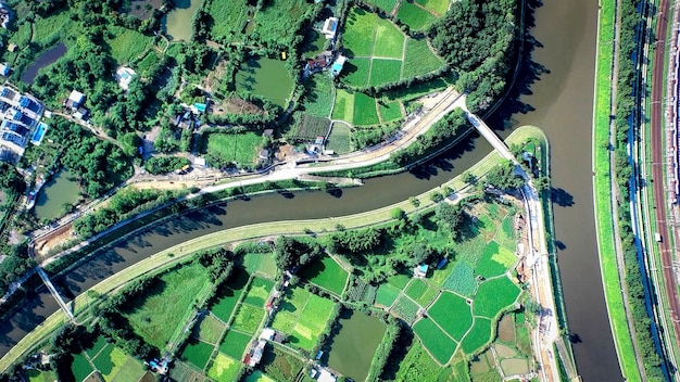 aerial view from drone on land and river 