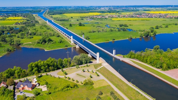 Aerial view from the drone of Magdeburg Water Bridge Germany