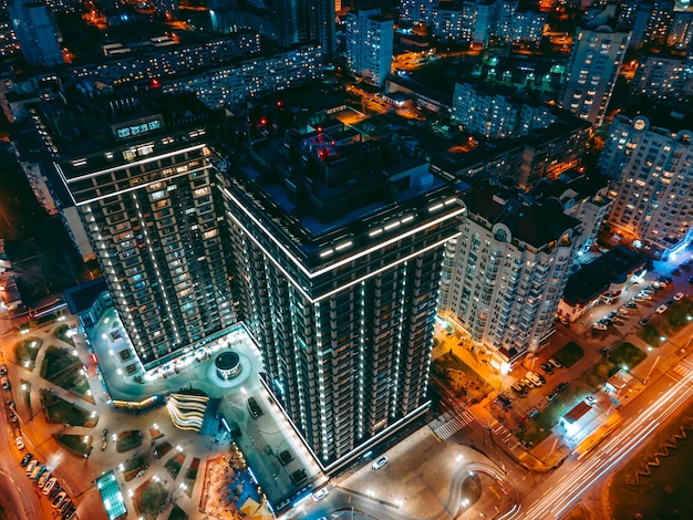 Aerial view from drone on the night city