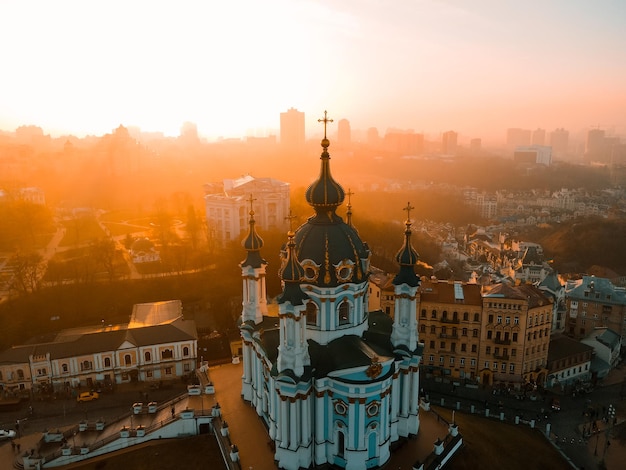 Aerial view from a drone of St. Andrew's Church in Kiev in autumn at sunset