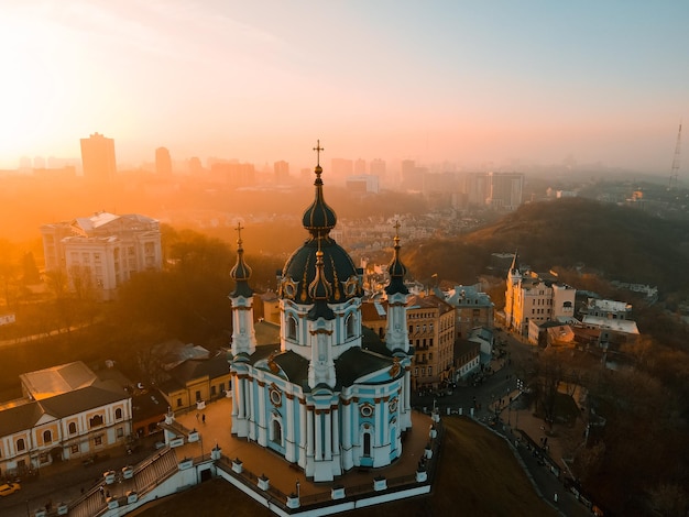 Aerial view from a drone of St. Andrew's Church in Kiev in autumn at sunset