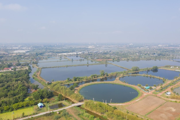 Aerial view from flying drone of Fish pond fish farm