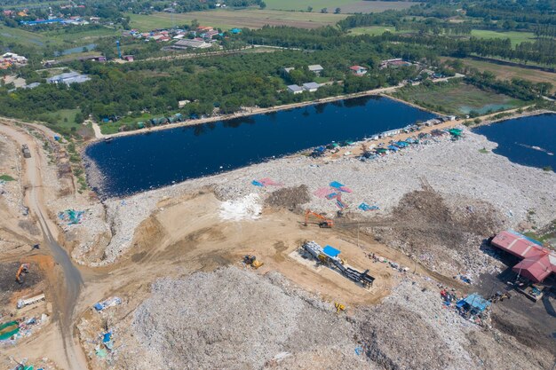 Aerial view from flying drone of garbage pile