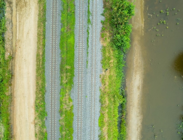 Aerial view from flying drone of railroad tracks