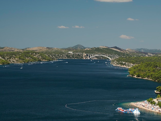 Aerial view from fort fortress of Medieval village of Sibenik world heritage site Croatia panorama