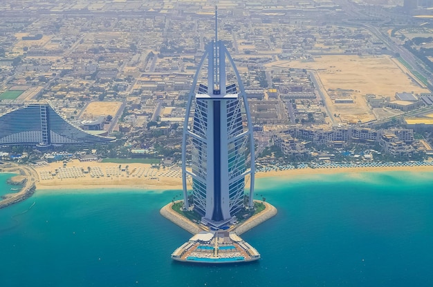 Aerial view from helicopter of Burj Al Arab Hotel Dubai