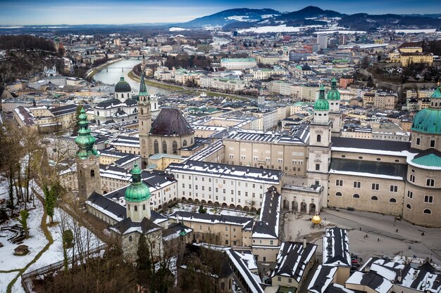 Aerial view from Hohensalzburg castle on city of Salzburg