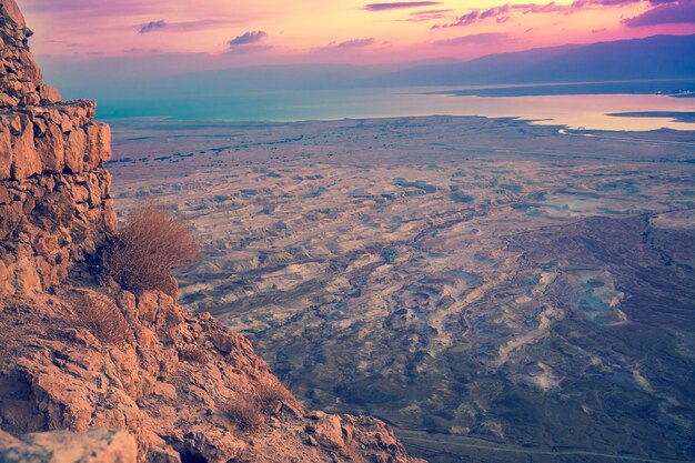 Aerial view from Masada. Sunrise in Judaean Desert