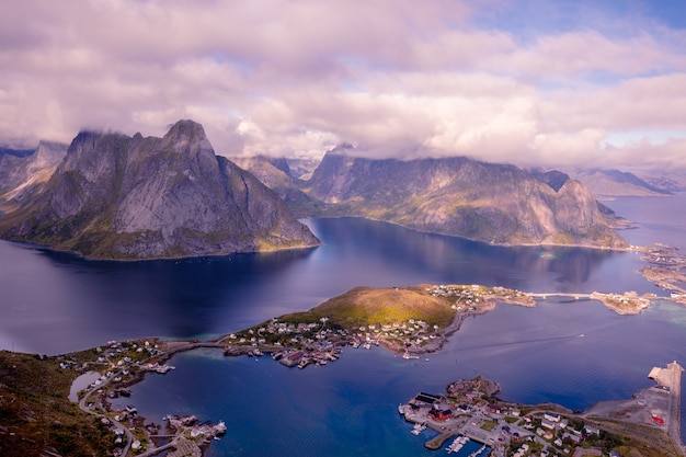 Aerial view from mount Reinebringen of the fjord and village Reine Lofoten Norway