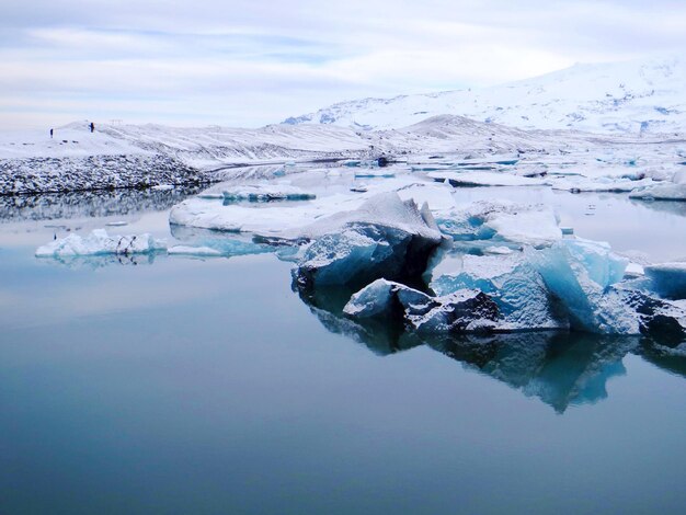 Aerial view of frozen lake iceland