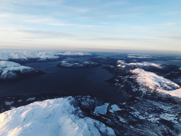 Aerial view of frozen landscape against sky