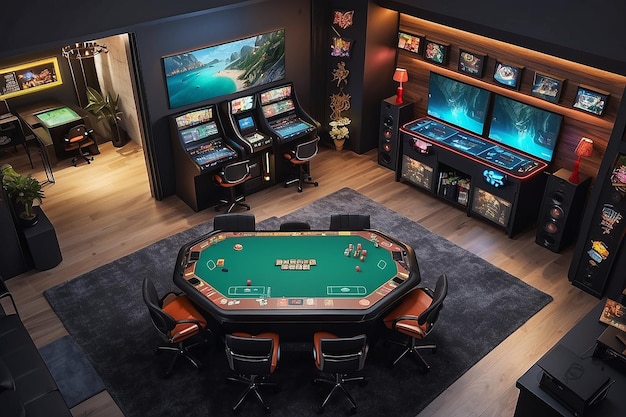 Photo aerial view of gaming room layout and design highlight